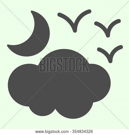Halloween Cloudy Night Solid Icon. Scary Half Moon With Clouds And Birds Glyph Style Pictogram On Wh