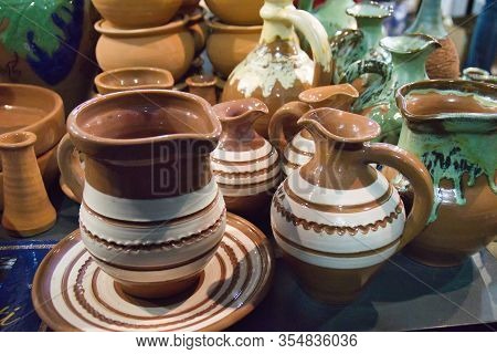 Pottery Jugs At The Fair. Handicrafts Of Folk Potters.