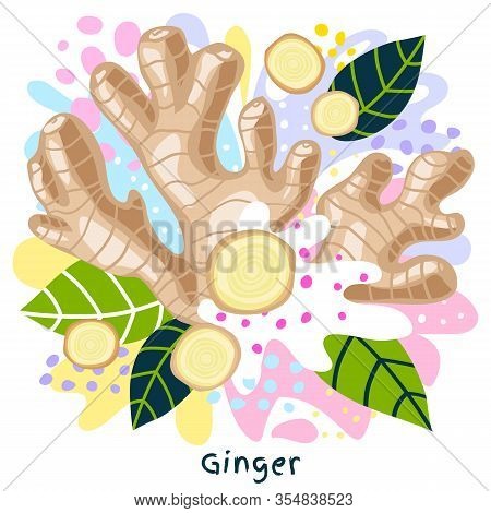 Fresh Ginger Root Juice Splash Organic Food Condiment Splatter.  Herbs. Abstract Colorful Art Splatt