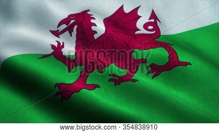 Wales Flag Waving In The Wind. Sign Of Wales. 3d Rendering.