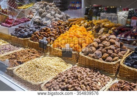 Show-window With Traditional Georgian And Turkish Sweets. East Candies, Dried Fruits, Nuts.
