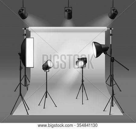 Studio Spotlights. Realistic Photo Studio With Professionals Equipment, Floodlight, Cyclorama And Tr