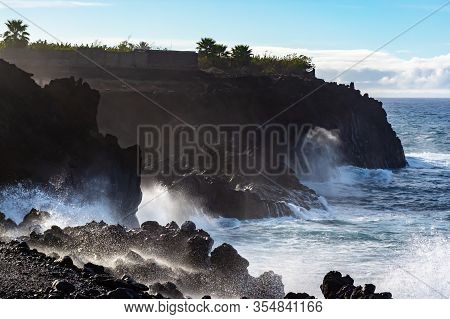 Dangerious Ocean Stormy Waves Hits Black Lava Rocks On La Palma Island, Canary, Spain, Bad Winter We