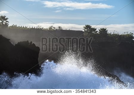 Dangerious Ocean Stormy Waves Hits Black Lava Rocks On La Palma Island, Canary, Spain