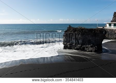 Black Lava Sand Beach In Puerto Naos, La Palma, Canarian Islands, Spain In Winter