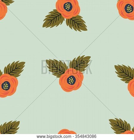 Seamless Orange Rose Flower Floral Leaf Pattern. Stylish Repeating Texture.teal Mint Background With