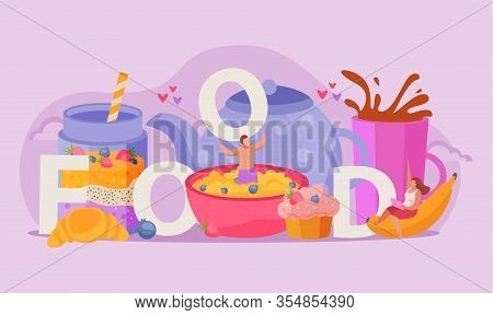 People With Breakfast Flat Composition Word Food And Abstract Beverages Porrige Fruits And Dessers V