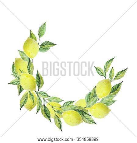 Frame With Green Leaves And Yellow Lemons Fruit. Watercolor Hand Drawn Illustration. Ideal For Cards