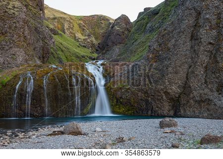 Stjornarfoss Waterfall Near Kirkjubaejarklaustur In South Iceland On A Summer Evening