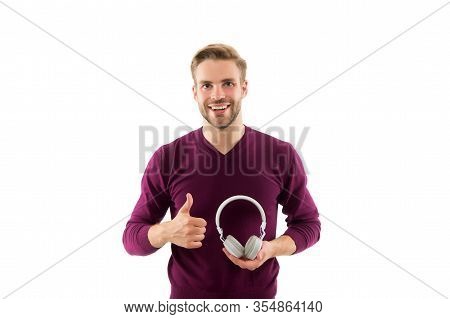 Cheerful Male Customer Service Operator Showing Thumbs Up. Leisure Time. Guy In Headphones Giving Th