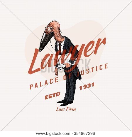 Marabou Character Label. Bird Man Emblem. Lawyer In A Classic Office Suit With Documents. Hand Drawn