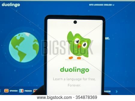 Montreal, Canada - March 08, 2020: Duolingo Logo And Application On A Cellphone. Duolingo Is A Platf