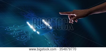 Business, Technology, Internet And Network Concept. Young Businessman Working On A Virtual Screen Of