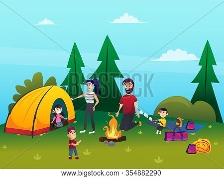 Vector Illustration Happy Family Outdoor On Nature. Parents With Kids. Father And Mother Talking Wit