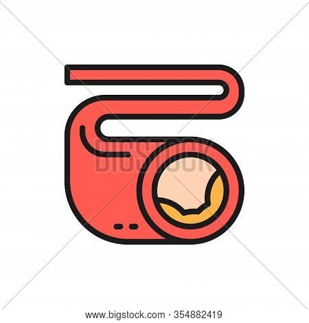 Artery With Cholesterol Buildup, Atherosclerosis Flat Color Line Icon.
