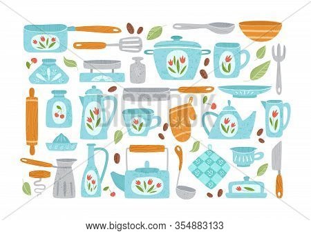 Kitchen Utensil Or Kitchenware Design Elements. Cooking Color Cliparts Isolated On White. Trendy Tex