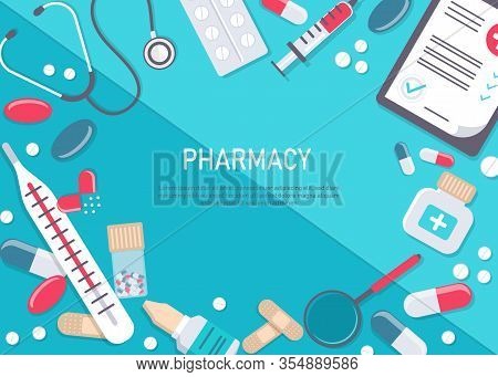 Medicine vector illustration. Pharmacy background, pharmacy desing, pharmacy templates. Medicine, pharmacy, hospital set of drugs with labels. Medication, pharmaceutics concept. Different medical pills and bottles. Big set of medical equipment and pharmac