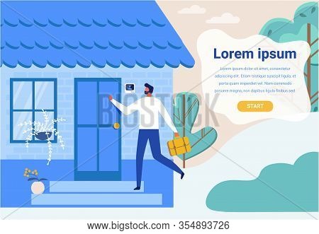 Flat Landing Page With Cartoon Man Came Home After Work. Advertising Banner With Promotion Text. Sma