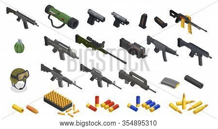 Army Weapons Soldier Isometric Set With Isolated Icons Of Arms Inventory Automatic Hand Guns And Bul