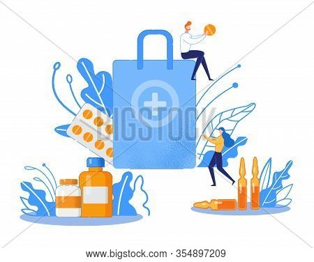 Pharmaceutical Production And Online Medicine Sale. Vector Redhaired Guy Holds Tablet And Sits On Pa