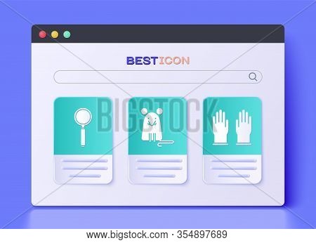 Set Rat, Magnifying Glass And Rubber Gloves Icon. Vector