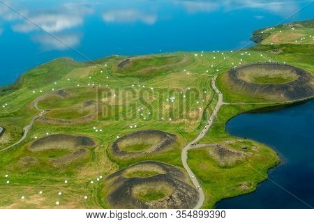 Volcanic Craters In Iceland Aerial View From Above, Myvatn Lake