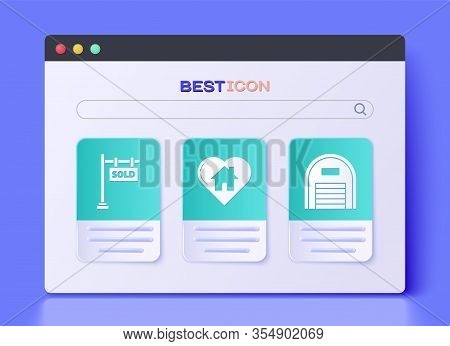 Set House With Heart Shape, Hanging Sign With Text Sold And Warehouse Icon. Vector