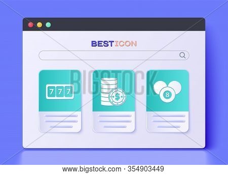 Set Casino Chip With Dollar, Slot Machine With Lucky Sevens Jackpot And Billiard Pool Snooker 8 Ball