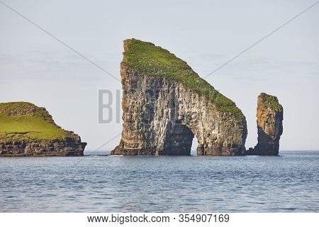 Faroe Islands Coastline Landscape In Vagar Island On Sunny Day