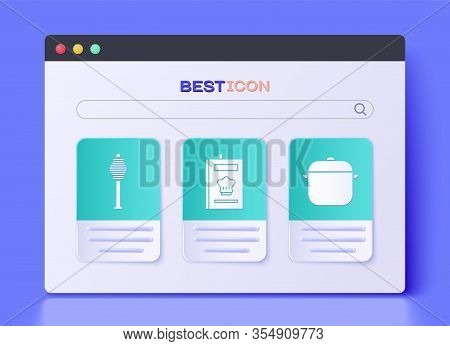 Set Cookbook, Honey Dipper Stick And Cooking Pot Icon. Vector
