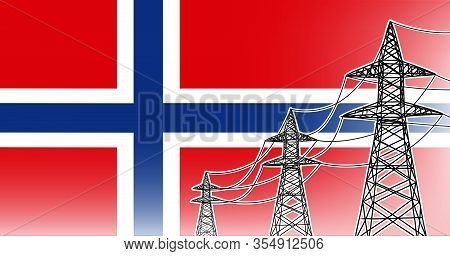 Norway Power Supply Lines Vector Concept 3 Electric High Voltage Poles On The Flag Background In Col
