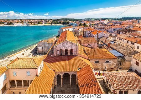 Historic Center Of Porec Town In Croatia. Top View From The Euphrasian Basilica.