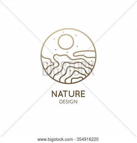 Abstract Logo Template In Linear Style. Vector Round Icon Of Sea Landscape With Waves, Sun. Outline 