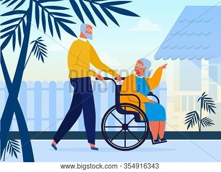 Elderly Couple On Outdoor Stroll Flat Illustration. Aged Husband And Disabled Wife, Seniors Cartoon 