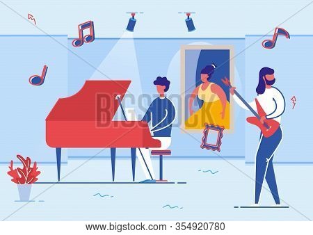 Artists Playing Piano And Guitar In Art Gallery Hall Flat Cartoon Vector Illustration. Musician Char