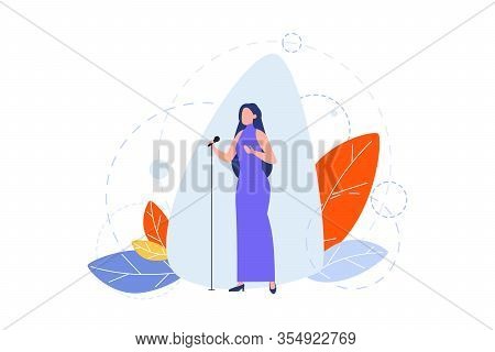 Singing, Hobby, Creative Occupation Concept. Illustration Of Woman Girl Singer, Celebrity Star With 