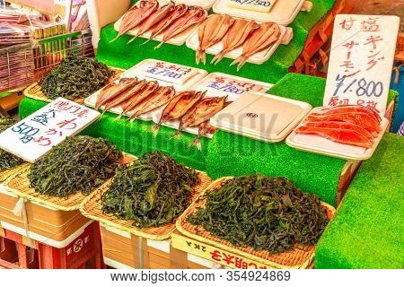 Tokyo, Japan - April 18, 2017: Details Of Stall With Algae, Fish, Sashimi, Japanese Products At Amey