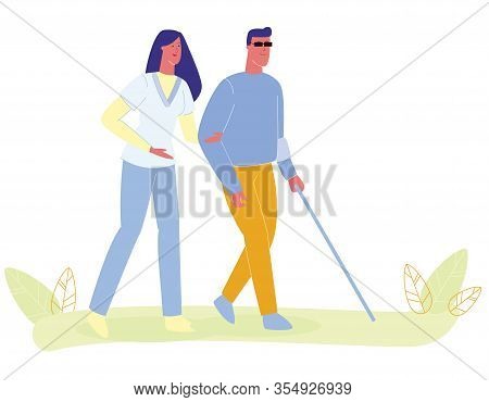 Woman Nurse Assisting Blind Man Vector Illustration. Blindness Person Walk With Cane. Vision Loss, V