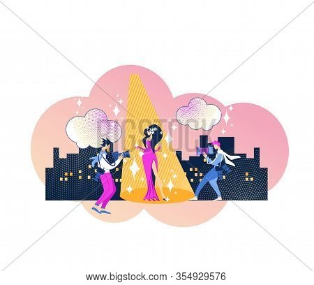 Paparazzi Taking Picture Of Celebrity. Famous Woman Posing To Photographers On City View Background.