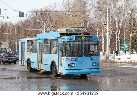 Sterlitamak, Russia - March 23, 2008: Blue Urban Trolleybus Ziu 682v In The City Street.