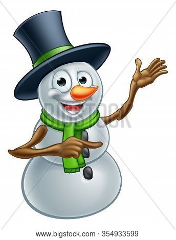 A Happy Christmas Snowman Cartoon Character Pointing