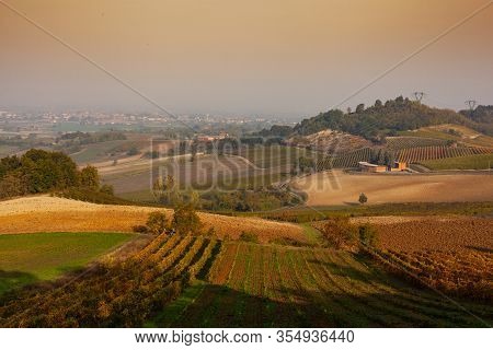 Vineyards In The Tortona Hills At Sunset During The Autumn Season
