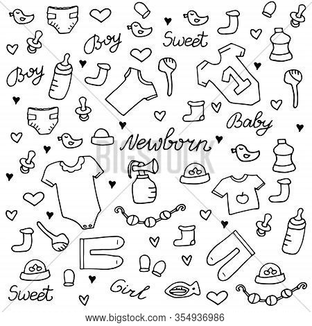 Baby Newborn Hand Drawn Doodle Set. Onesie, Pacifier, Rattle.