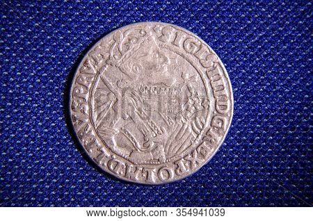 Grand Duchy Of Lithuania Coin Ort On The Blue Fabric Background