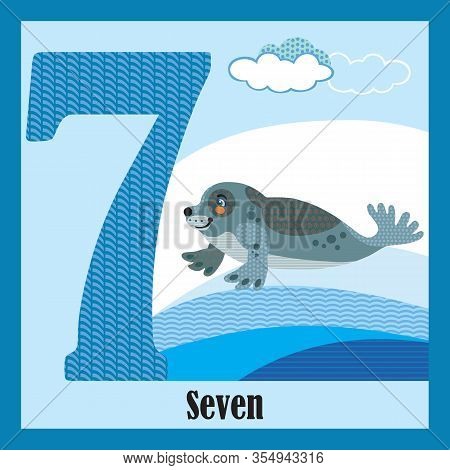 Vector Cartoon Flashcards Of Animal Numbers, Number 7. Colorful Cartoon Illustration Of Number 7 And