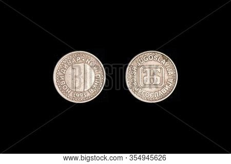 Coin 1 Novi Dinar Yugoslavia. Black Background, Close-up.