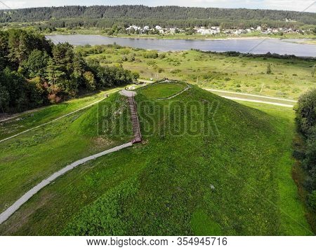Aerial View Of Pypliai Mound In Kacergine Town, Lithuania