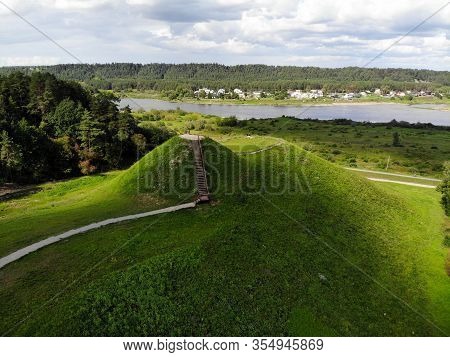 Aerial View Of Pypliai Mound In Kacergine Town, Lithuania