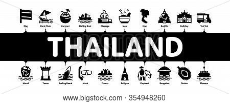 Thailand National Minimal Infographic Web Banner Vector. Thailand On Geography Map And Flag, Bungalo