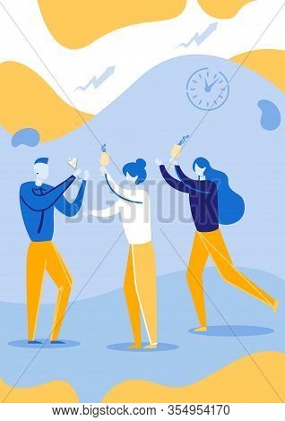 Office Workers Having Party Together Flat Cartoon Vector Illustration. Two Women And Man Drinking Co
